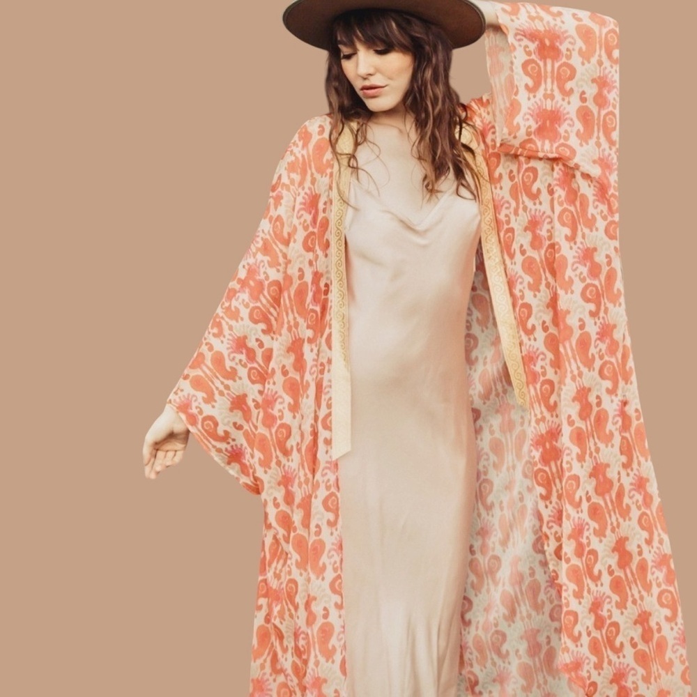SukiSo Pink & Orange Ikat ‘Women’s Goddess Kimono’ in “Golden Hour” OS